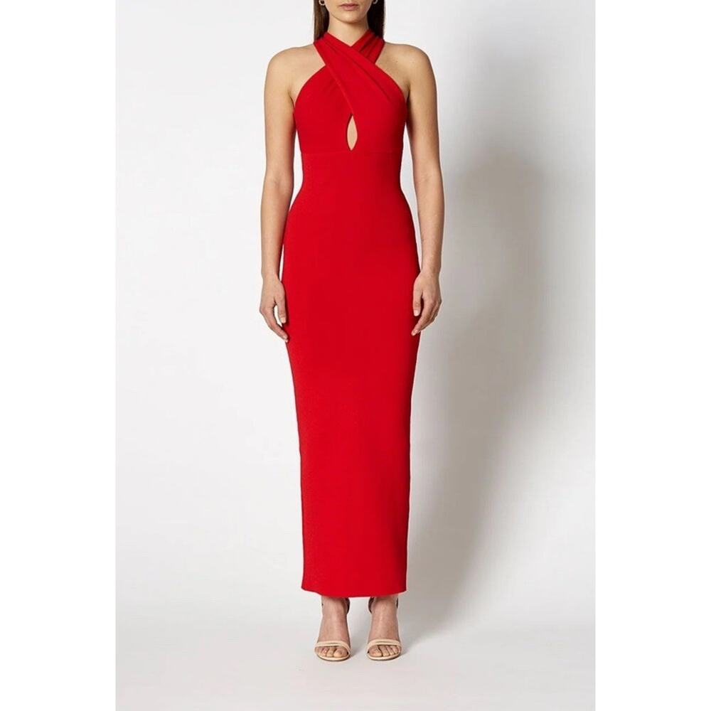 Scanlan Theodore Red Crepe Knit Cross Halter Bandage Maxi Gown Stretch Size M